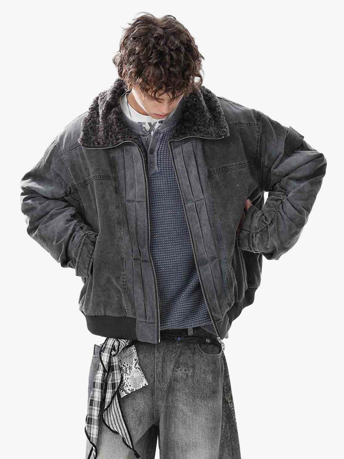 Vintage Distressed Pleated Shearling Collar Fleece Jacket - Black / S