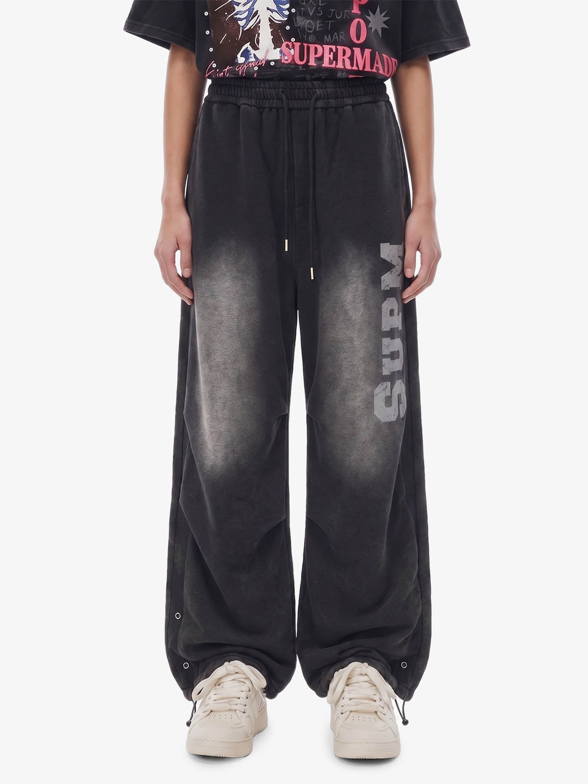 French Terry Distressed Gradient Drawstring Wide Leg Pants - Black / S
