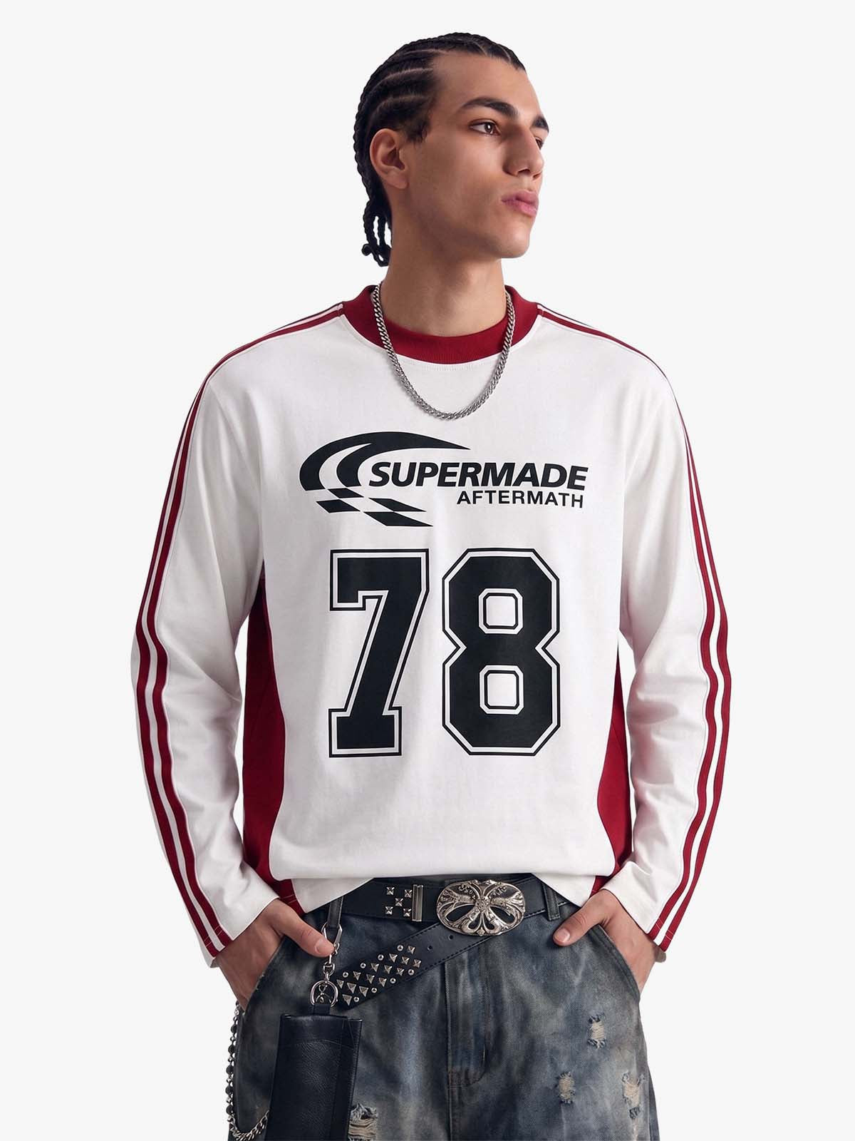 Jersey Digital Print Colorblock Long-Sleeved T-Shirt - White / M