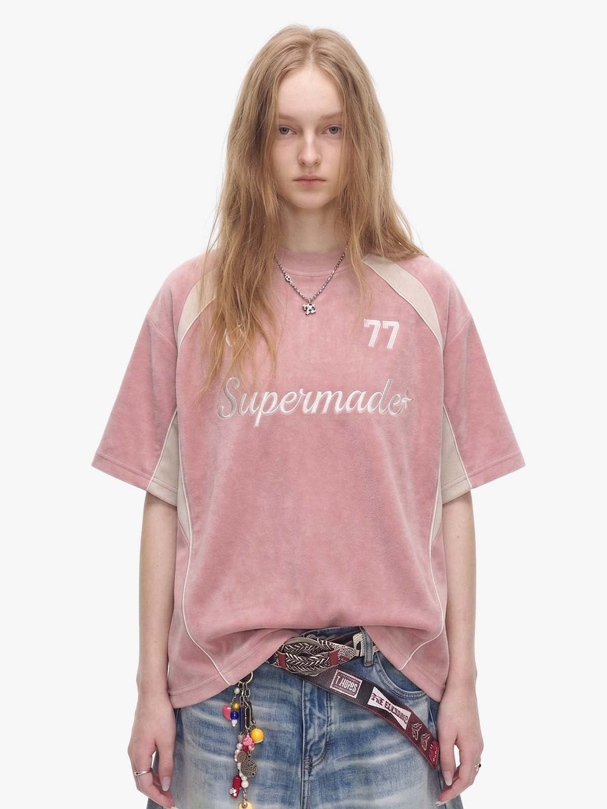 Suede Logo Embroidered Patchwork Short Sleeve T-Shirt - 2634 - Pink / S