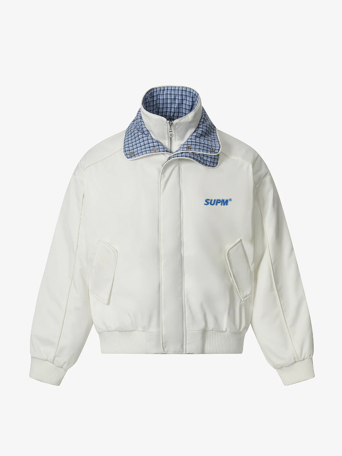 Retro Layered Look Plaid Collar Padded Jacket - 2579 - White / S