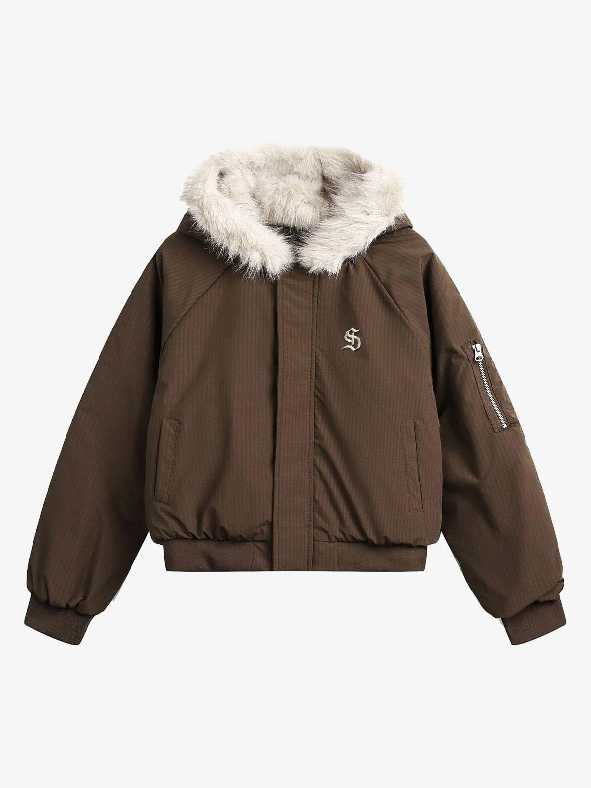 Retro Fur Hooded Fleece Bomber Jacket - 2478 - Brown / S