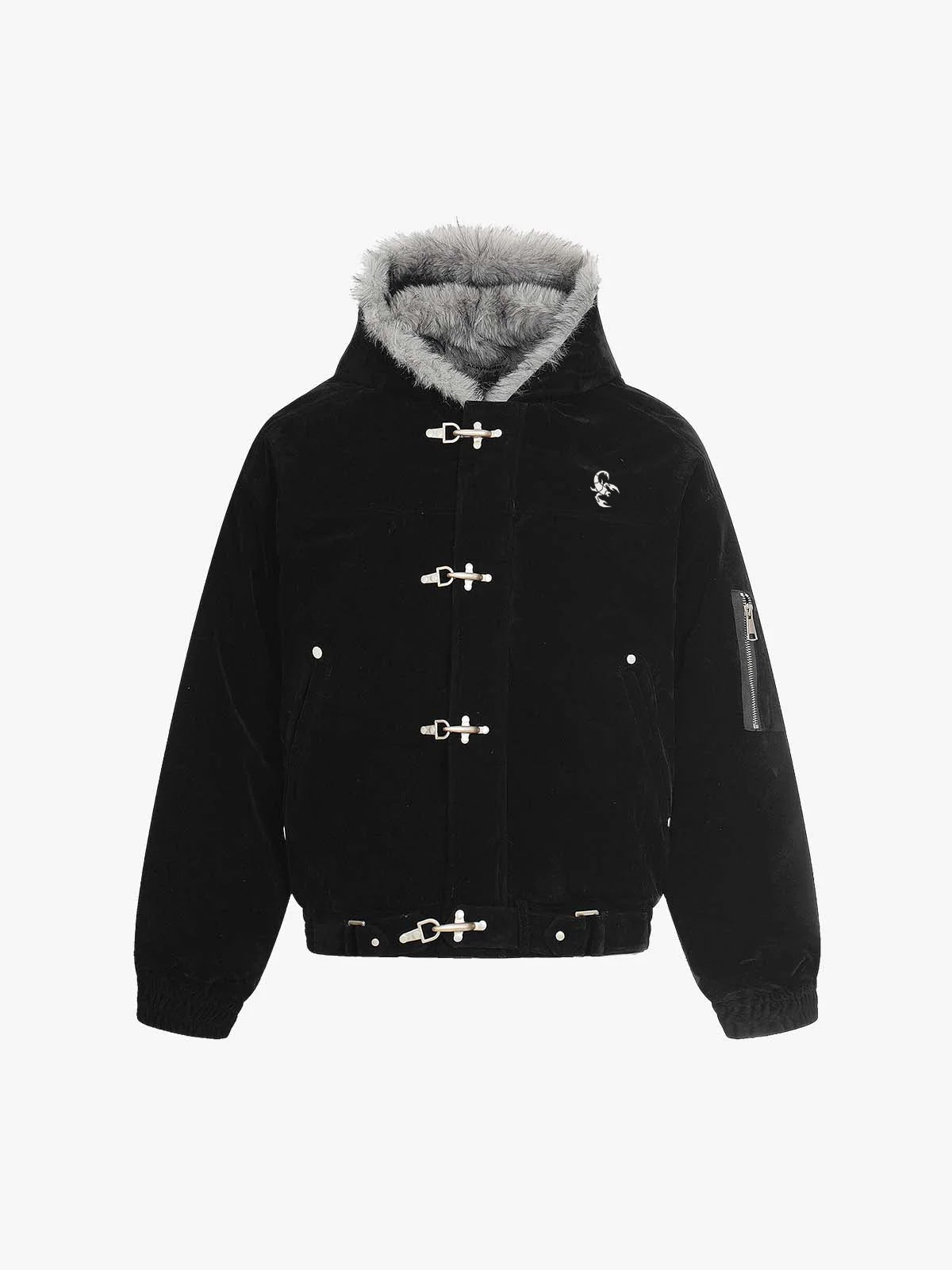 Streetwear Metal Clip Faux Fur Hooded Suede Bomber Jacket - 2597 - Black / S