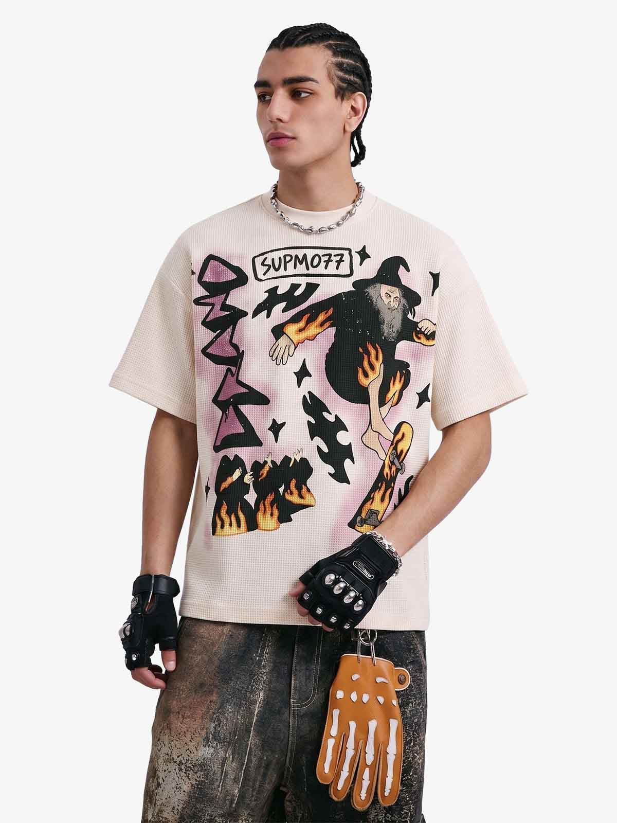 Waffle Knit Skate Wizard Flame Graphic T-Shirt - Apricot / M