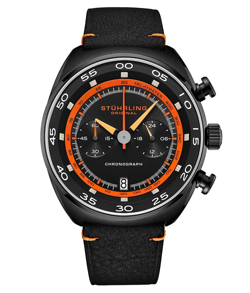 Stührling Roadster Chronograph With Tachymeter 44mm Watch - Black Dial / Black Case / Black Leather Strap Black Tang Buckle