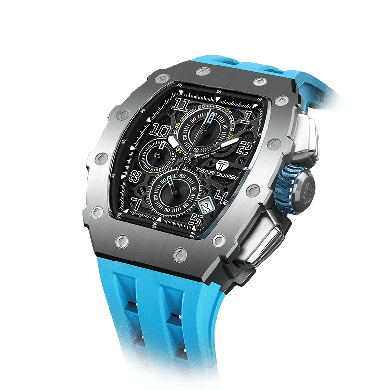 TSAR BOMBA men watch– Luxuriöse Tonneau-Herrenuhr, 50 m wasserdicht, Chronograph mit Kalenderanzeige Eliteblau