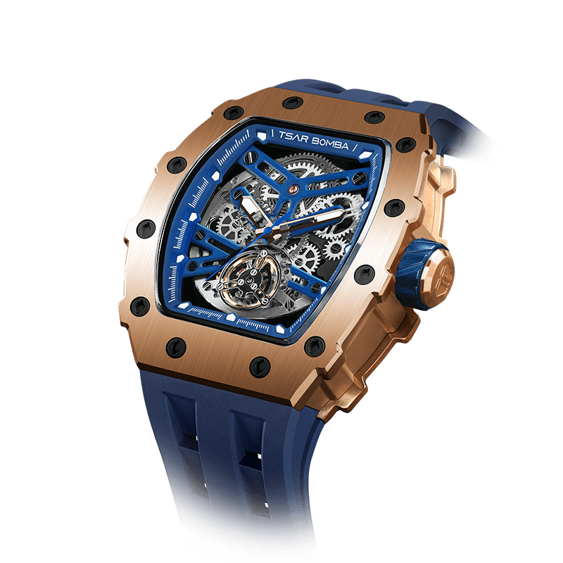 TSAR BOMBA Elemental Serie – Luxuriöse Automatikuhr für Geschäftseliten und Uhrenliebhaber, skelettiertes Zifferblatt, Gehäuse aus Edelstahl. Gold-Bla