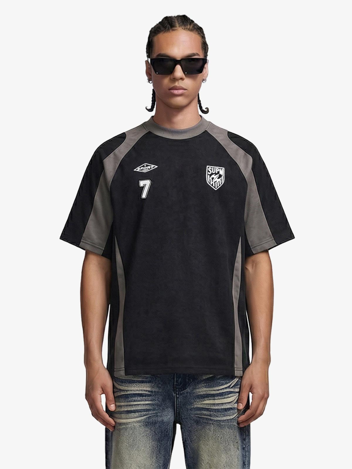 Suede-Touch Embroidered Sport Color-Block T-Shirt - Black / M