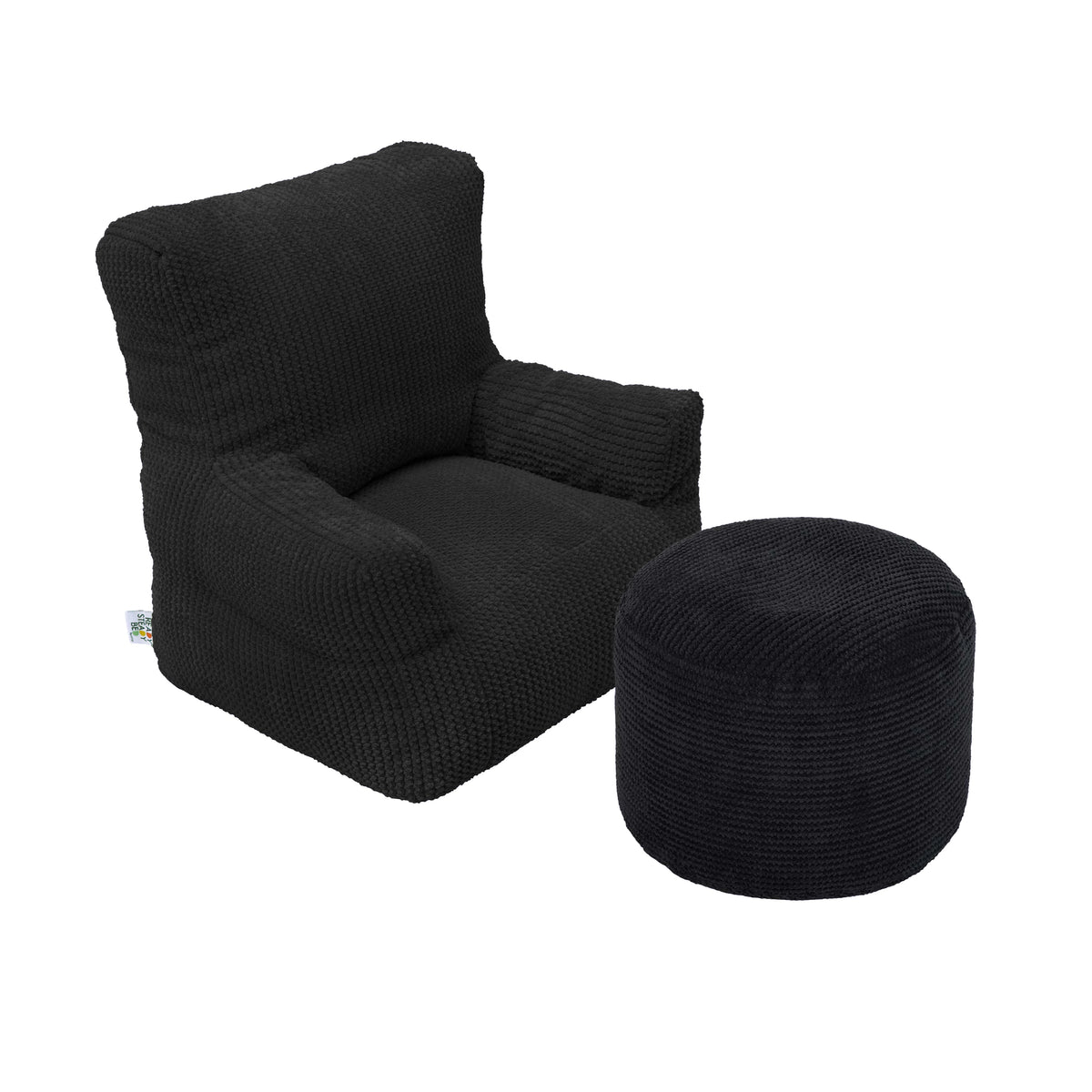 Kids Corduroy Bean Bag With Footstool - Toddler Beanbag With Footrest - Black