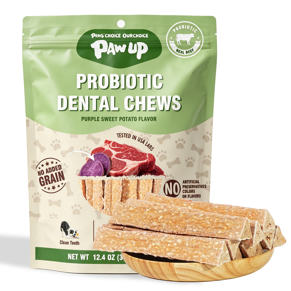 PAWUP Dog Treats Cheese Beef Dental Chews for Small, Medium & Large Dogs, 12.4 oz Bag