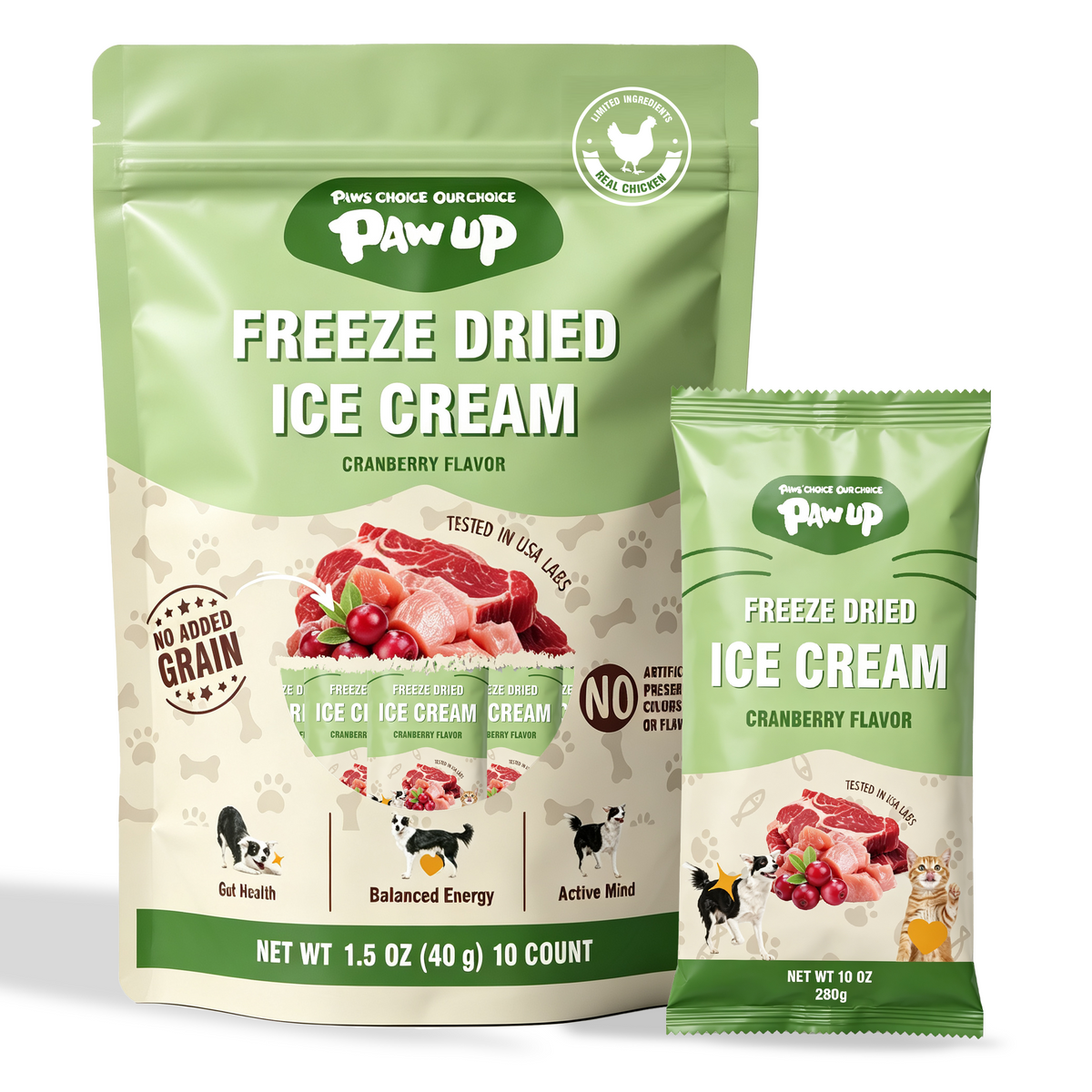 PAWUP Dog Treat Freeze-Dried Ice Cream Cranberry Flavor, High Protein Training Treats & Meal Topper for Small, Medium & Large Dog & Cat, 1.5 oz 10
