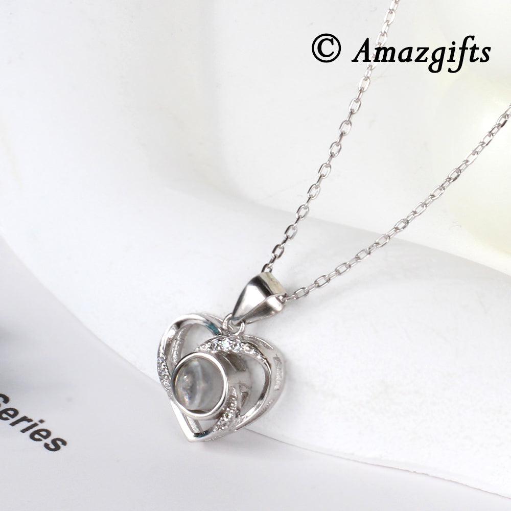 925 Sterling Silber Personalisierte Foto Projektion Kette mit Foto drin im Stein Rotierendes Herz Halskette