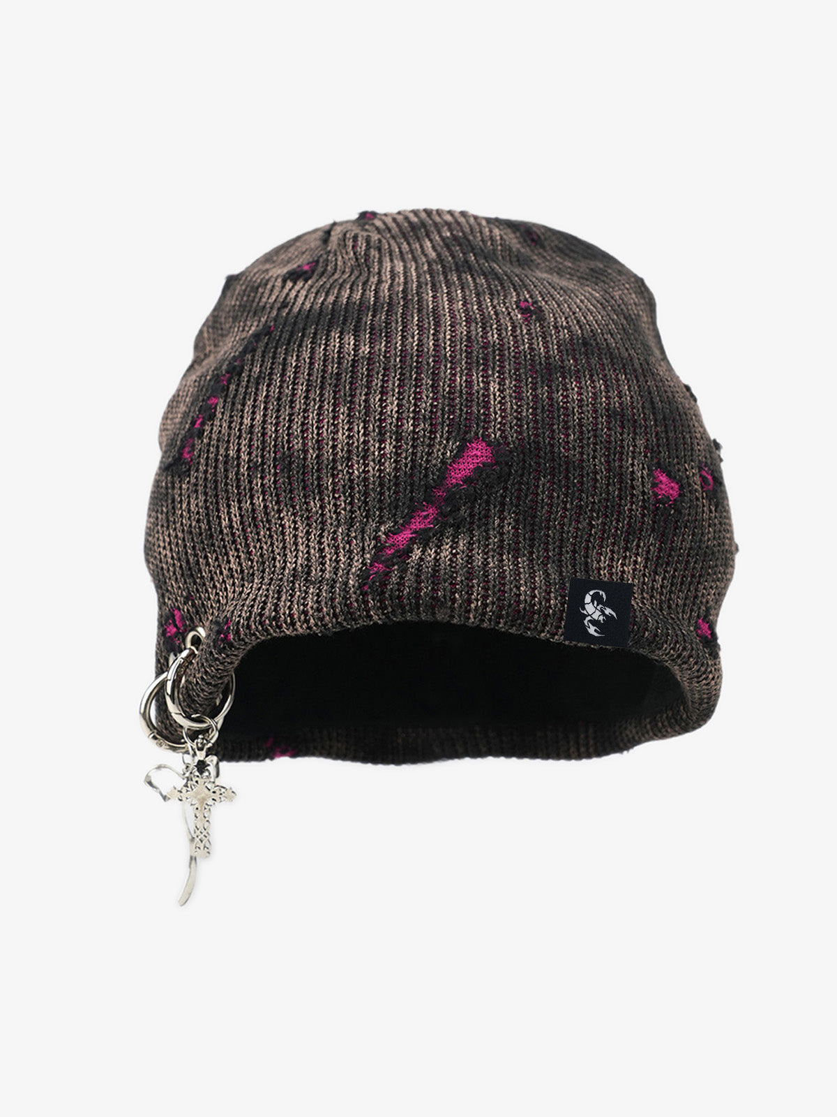 Retro Wasteland Style Distressed Knit Hanging Charm Beanie - Black / ONE SIZE