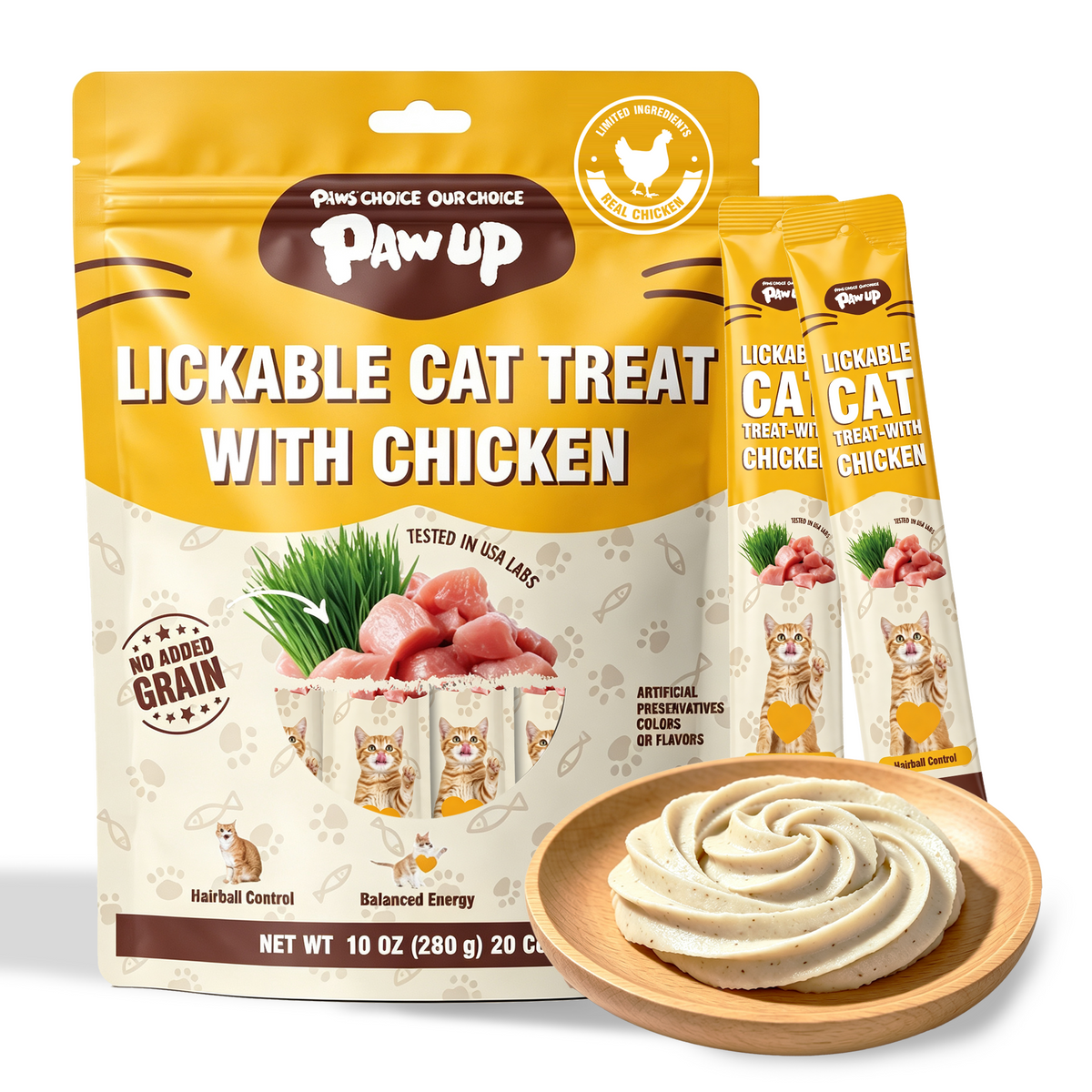 PAWUP Cat Treats Chicken Squeeze Up Puree Indoor Cat Treats for Hairball Control, Lickable Wet Treats with Cat Grass, Grain-Free Healthy Snacks for