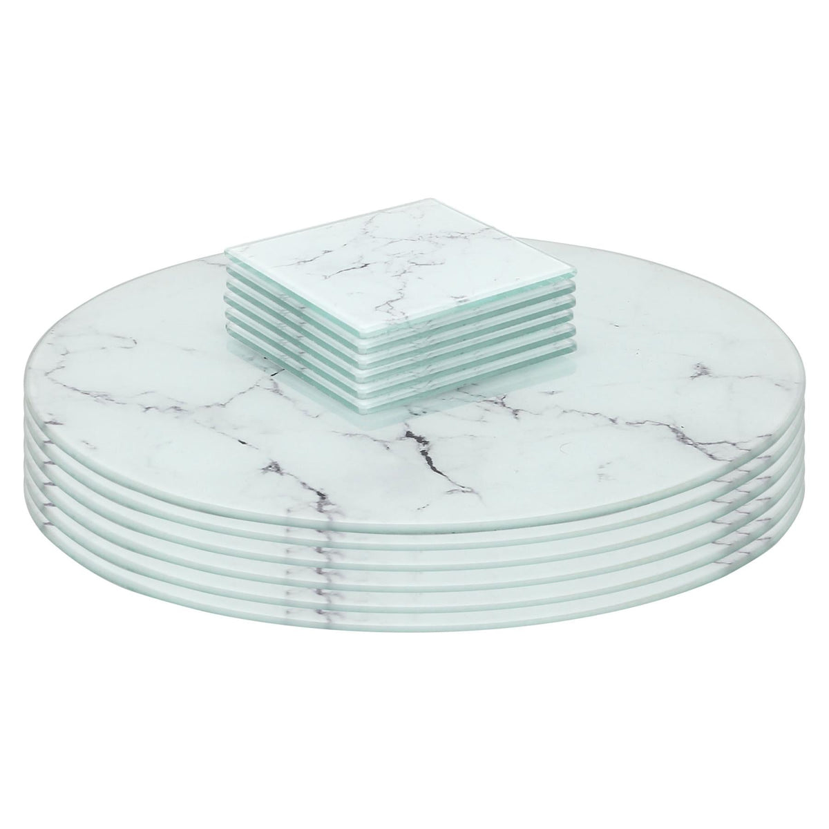12pc Round Glass Placemats & Square Coasters Set - 30cm - Marble - White Marble