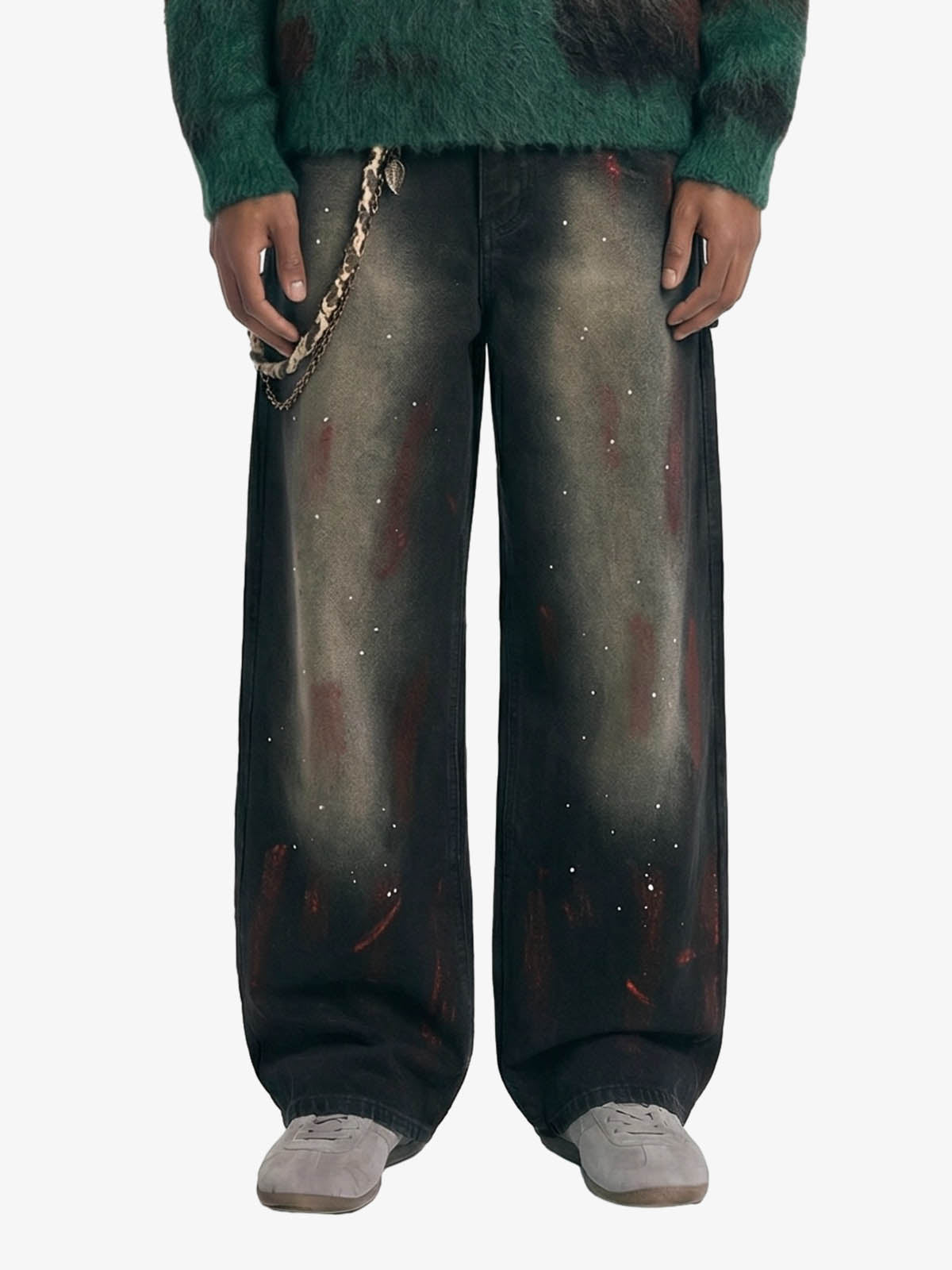 Vintage Inkjet Dirty Dye Washed Scimitar Distressed Jeans - Black / S