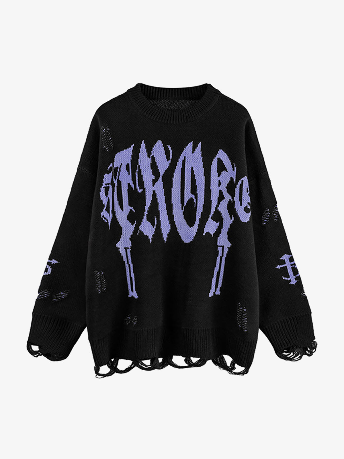 High Street Letter Jacquard Ripped Tassel Sweater - Black / M