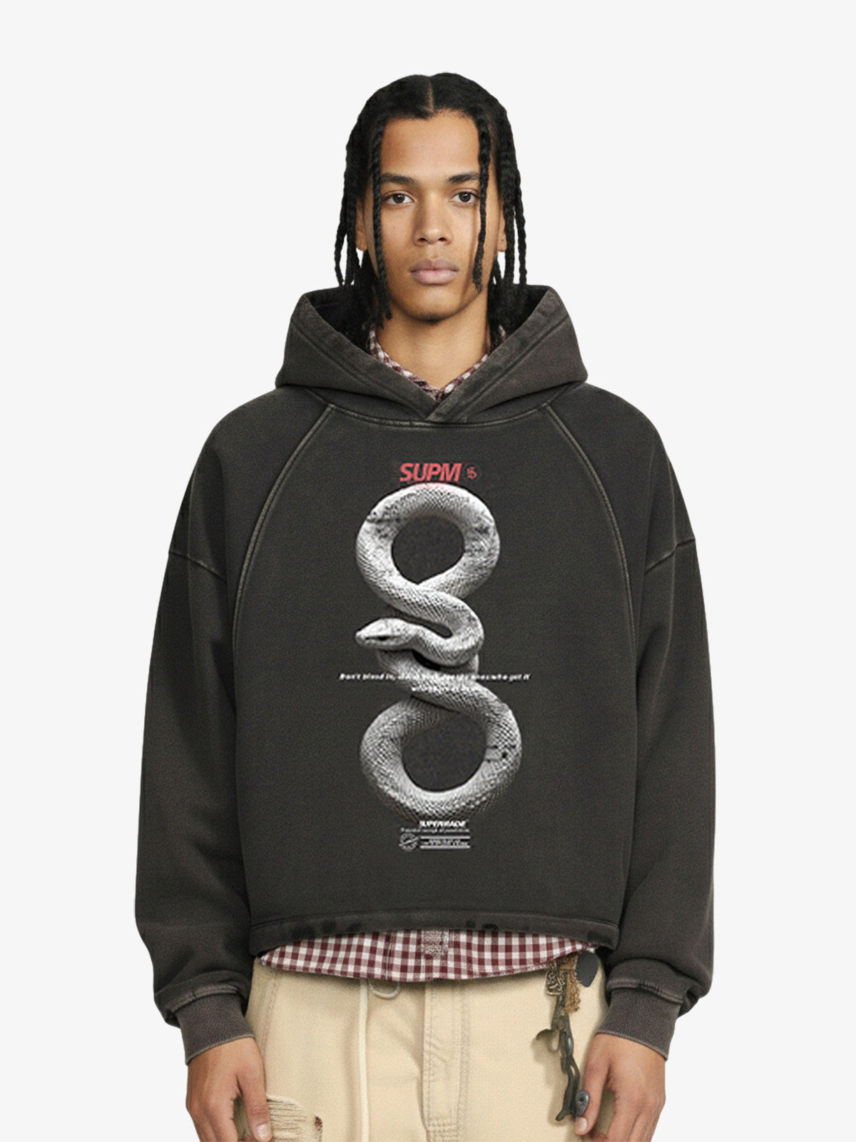 Vintage Washed Snake Appliqué Pullover Hoodie - Black / M