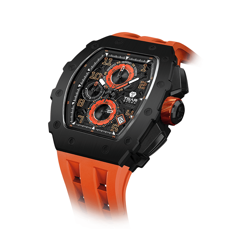 TSAR BOMBA Elemental Serie – Luxuriöse Tonneau-Herrenuhr, 50 m wasserdicht, Chronograph mit Kalenderanzeige Schwarzorange