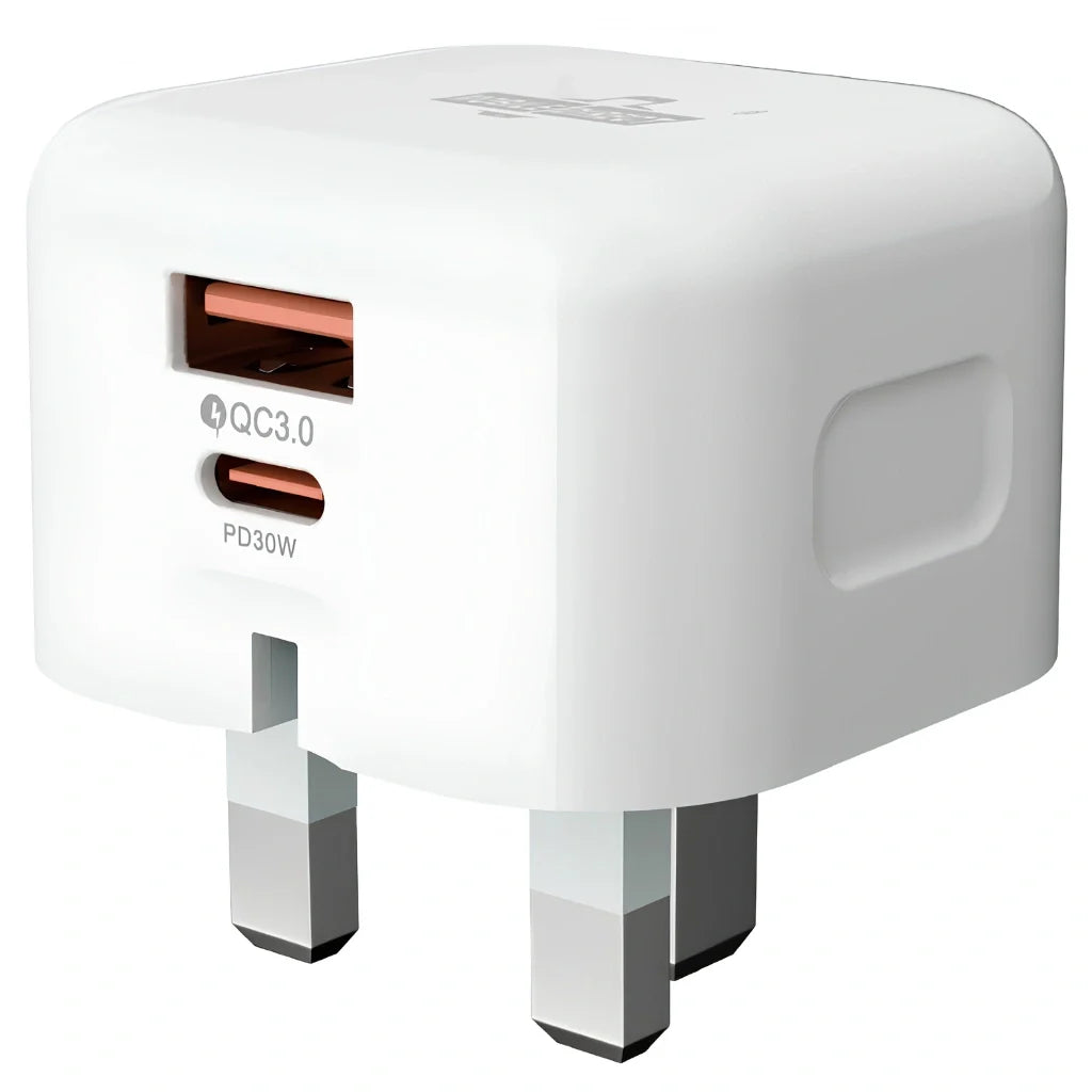 30W Dual Port USB & Type-C Fast Charger - UK - Free Charging Cable