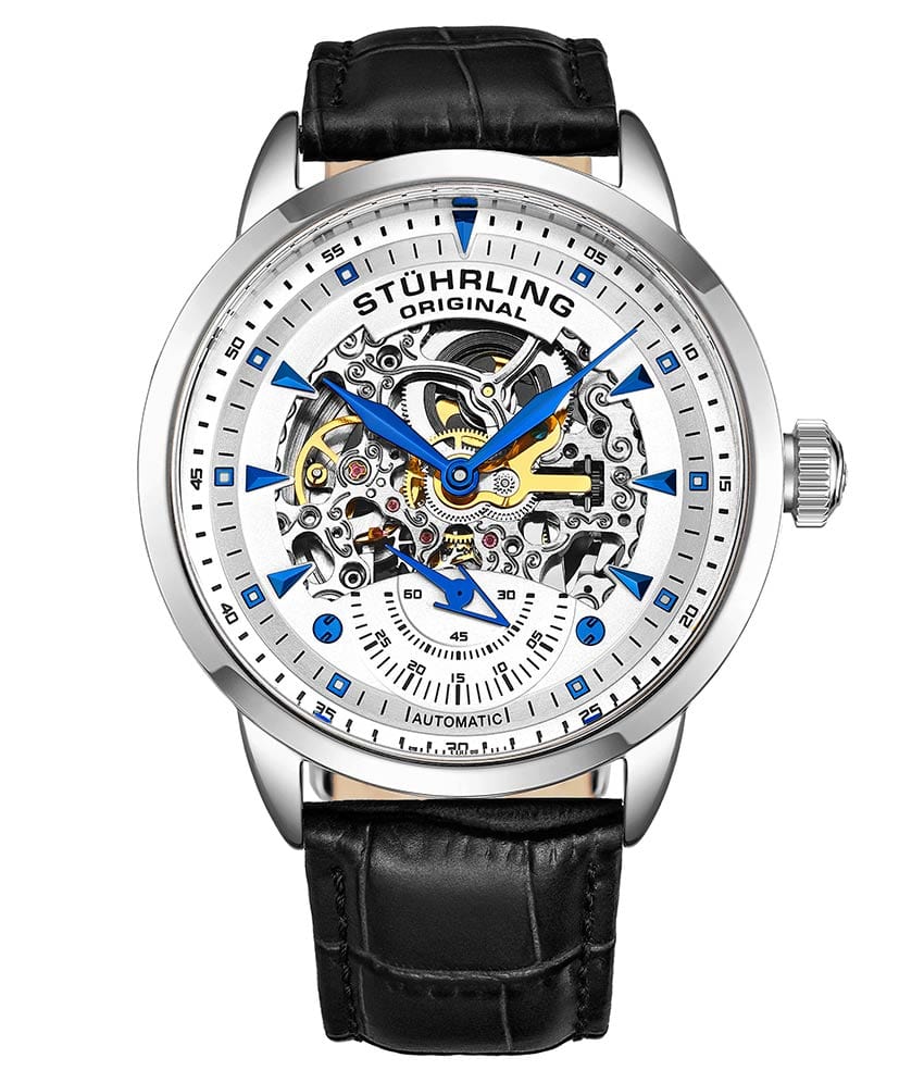 Stührling Executive 3133 Automatic 44mm Skeleton - White Dial/Silver Case/Black Leather Strap