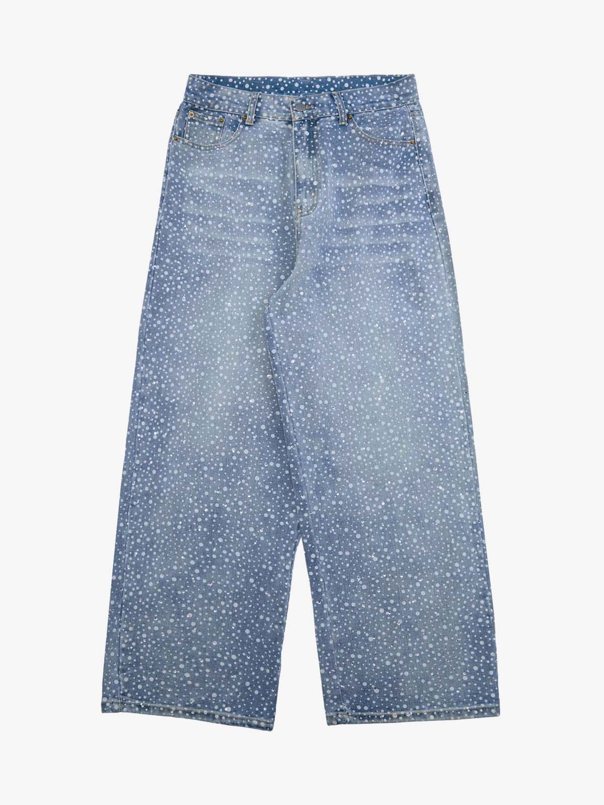 Thesupermade Ink Splashed Hotfix Rhinestone Baggy Jeans - 2306 - Blue / M