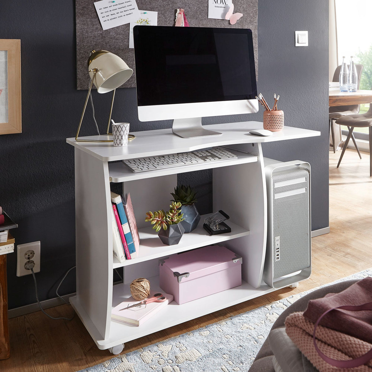 FineBuy Computertisch GRASSE rollbar Weiß 90 x 71 x 50 cm mit Tastaturauszug, Laptop Tisch auf feststellbaren Rollen, PC-Tisch mit Drucker-Ablage plat
