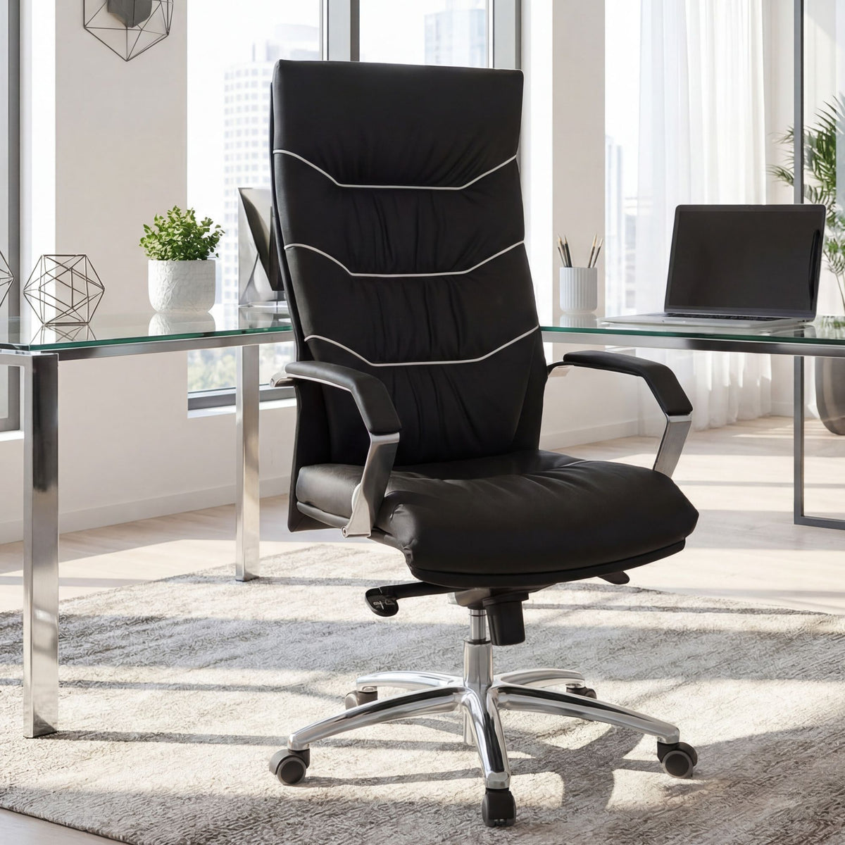 FineBuy Bürostuhl Echt-Leder schwarz Schreibtischstuhl, Chefsessel mit Kopfstütze & Multiblockmechanik, Design Drehstuhl verstellbar, Schreibtisch-Stu
