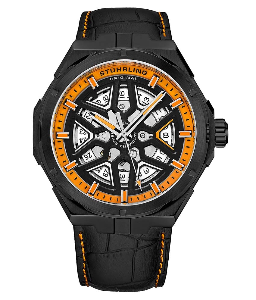 Stührling Swiss Automatic Gio 379 41mm Skeleton Watch - Orange Dial / Black Case / Black Leather Strap Black Deployant Buckle