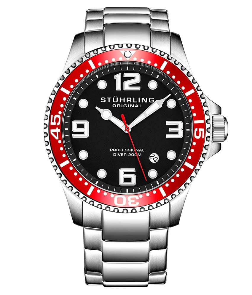 Stührling Regatta Champion XL 395XL Quartz 44mm Diver - Black Dial / Silver Case / Silver Stainless Steel Bracelet Silver Deployant Buckle 2