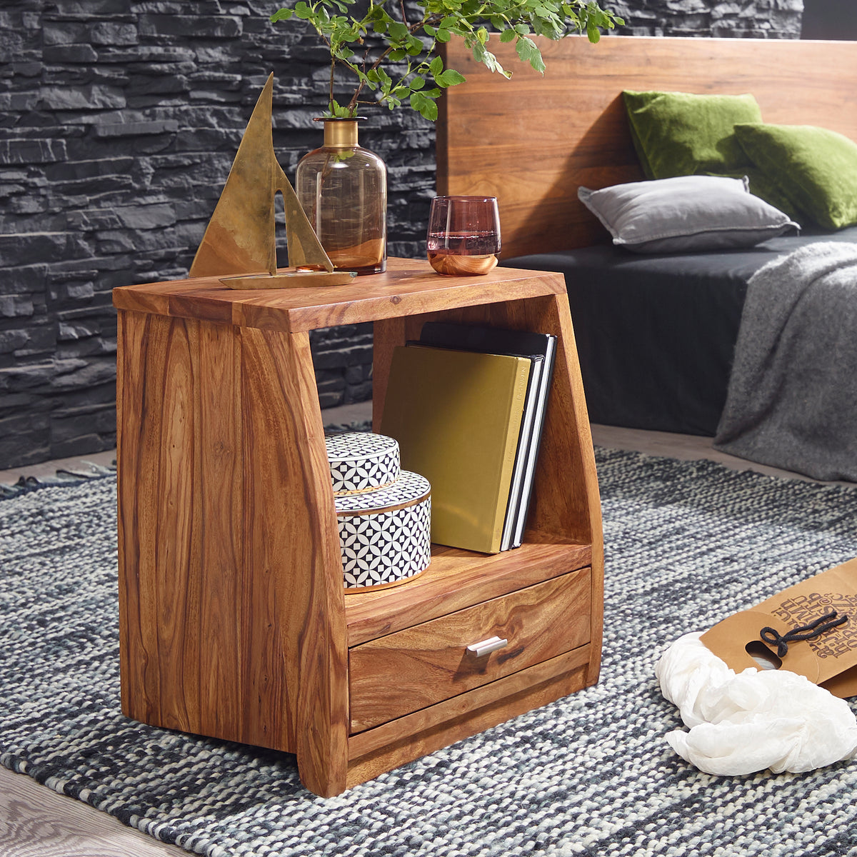 FineBuy Nachtkommode Sheesham Massivholz mit Schublade und Ablage – Nachttisch im Landhaus Design, handgefertigt aus Echtholz – Boxspring Nachtkästche