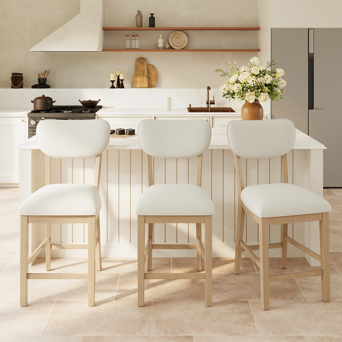 COLAMY AUREL Upholstered Counter Height Bar Stool - Natural / Set of 3