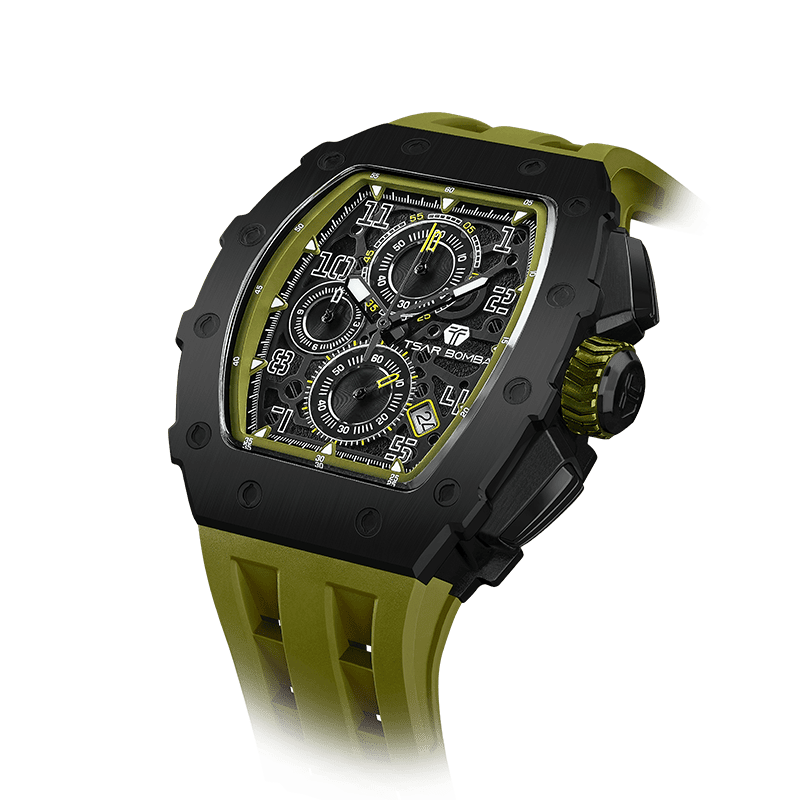 schwarze Uhr TSAR BOMBA watch Luxuriöse Tonneau-Herrenuhr, 50 m wasserdicht, Chronograph mit Kalenderanzeige Olivgrün