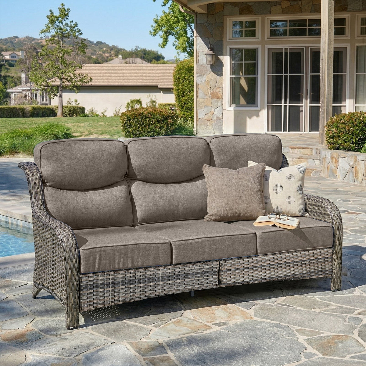 Oversized 3-Seater Wicker Sofa, High Back & 6" Cushions, NT Series - Mixed Grey Wicker / Grey Cushion