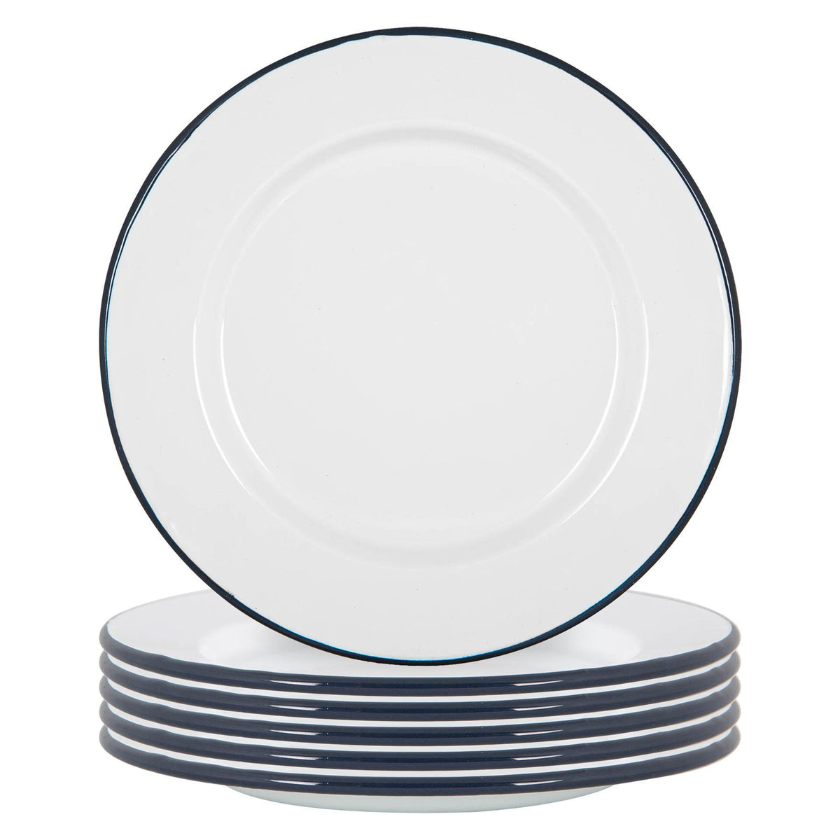 25.5cm White Enamel Dinner Plates - Pack of Six - Blue