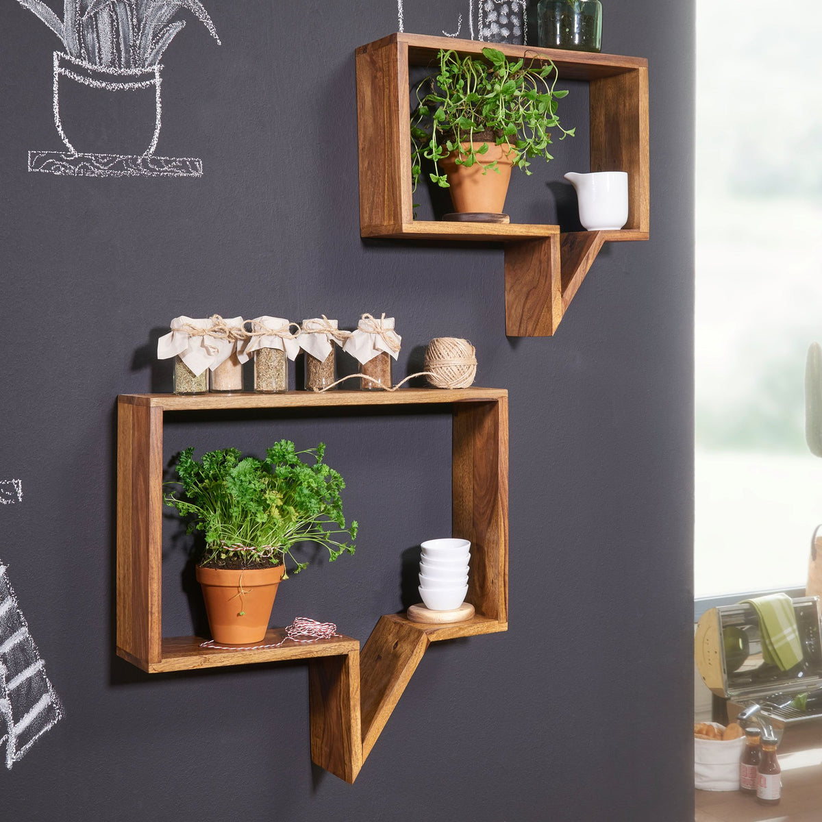 FineBuy 2er Set Wandregale Massiv-Holz Sheesham Holz-Regal Landhaus-Stil Hängeregal Echt-Holz Design Wand-Board Natur-Produkt Wandkonsole dunkel-braun