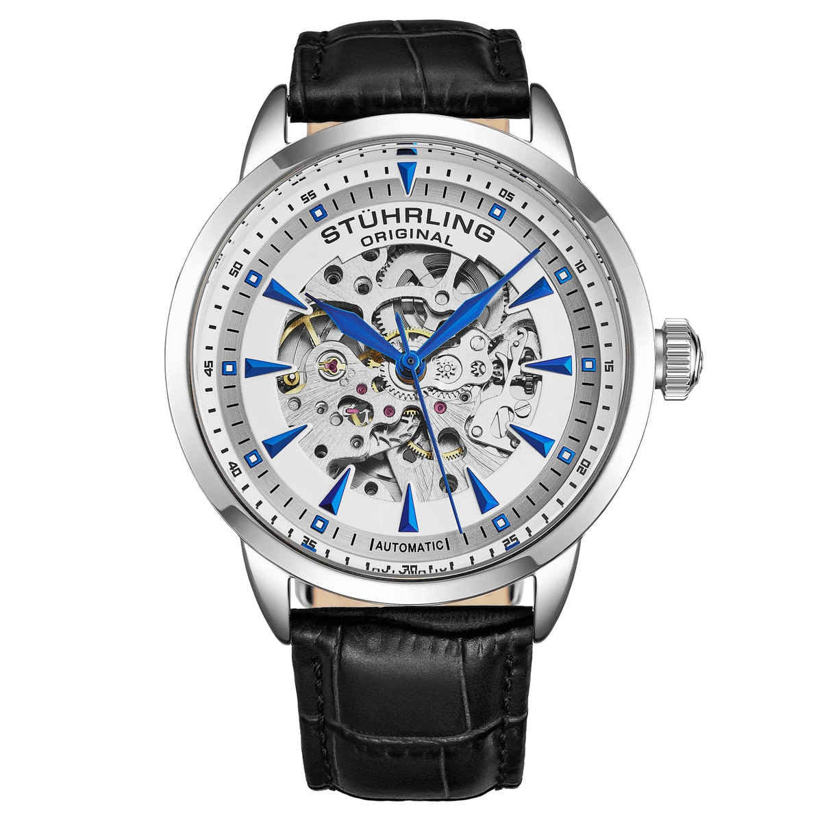 Stührling Executive Reserve 4071 Mens Watch 44mm - Silver Skeleton Dial/Blue Hands and Markers/ Black Leather Strap