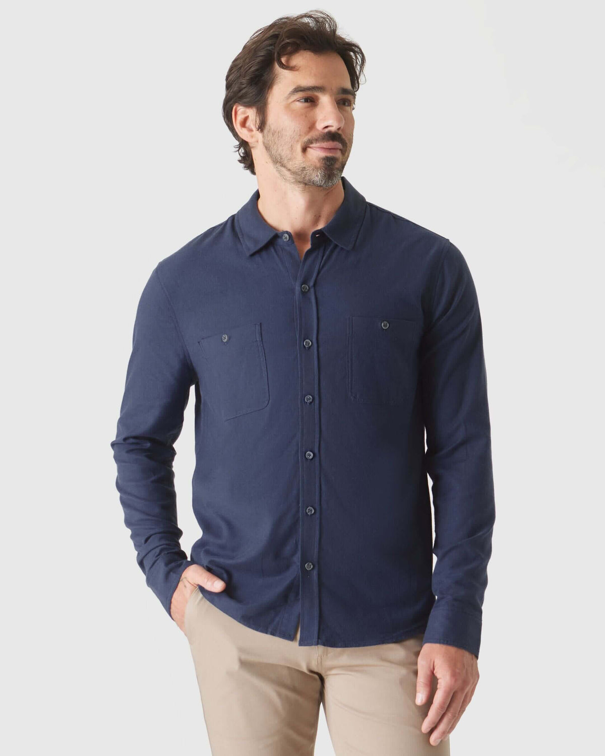 True Classic Navy Blue Long Sleeve Lightweight Flannel Shirt | Small