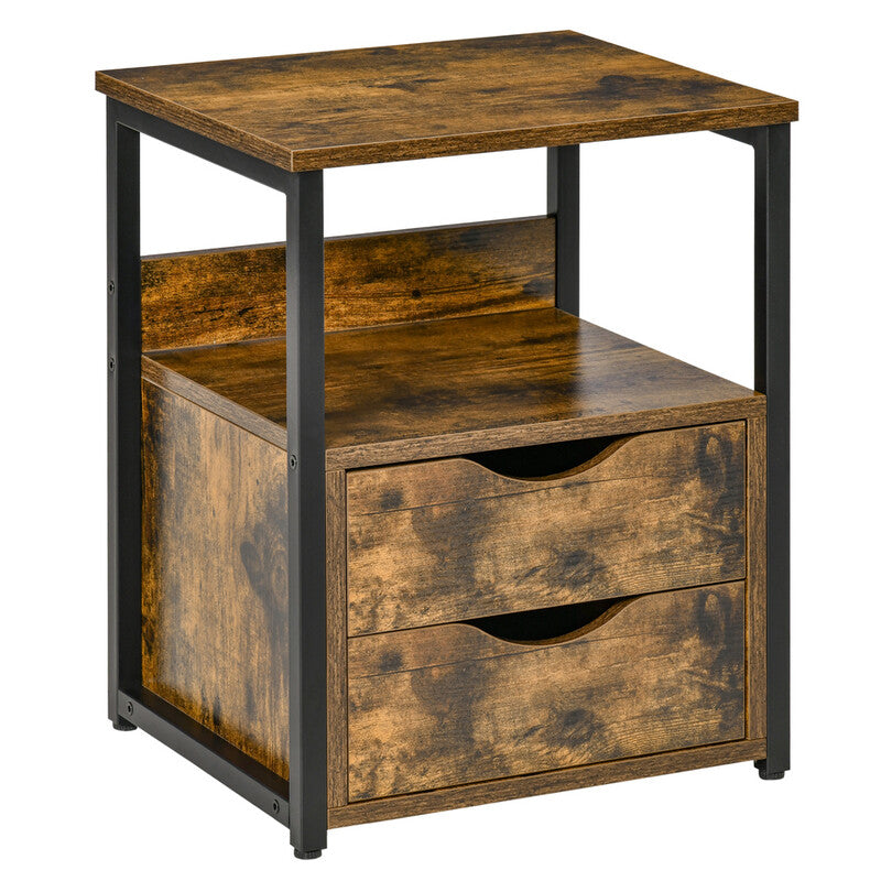 HOMCOM Industrial Bedside Table: 2-Drawer Rustic Brown/Black Bedroom Furniture, Nightstand with Storage