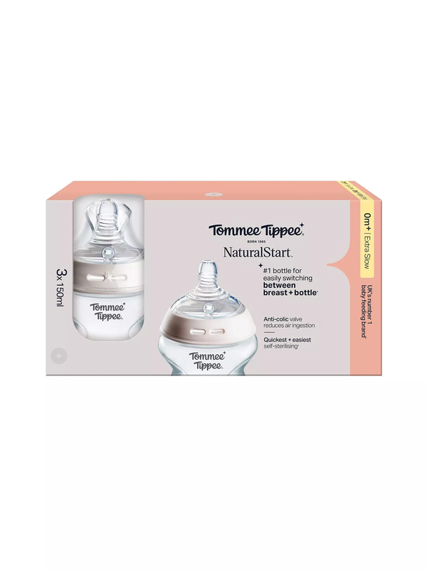 Tommee Tippee Baby Bottle Feeding: Natural Start Bottles, 0+ Months, 150ml, 3 Pack for Comfortable Nursing