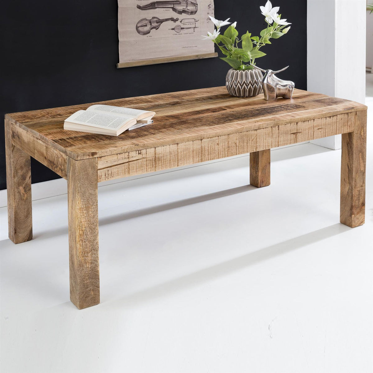 FineBuy Couchtisch Mango Massivholz 110cm · rechteckiger Wohnzimmertisch im Landhausstil · heller Massivholztisch mit markanter Holzmaserung & stabile