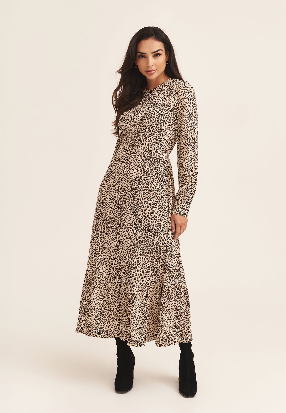 Beige Animal Print Long Sleeve Midaxi Dress - Beige / UK 8 / US 4 / EU 36