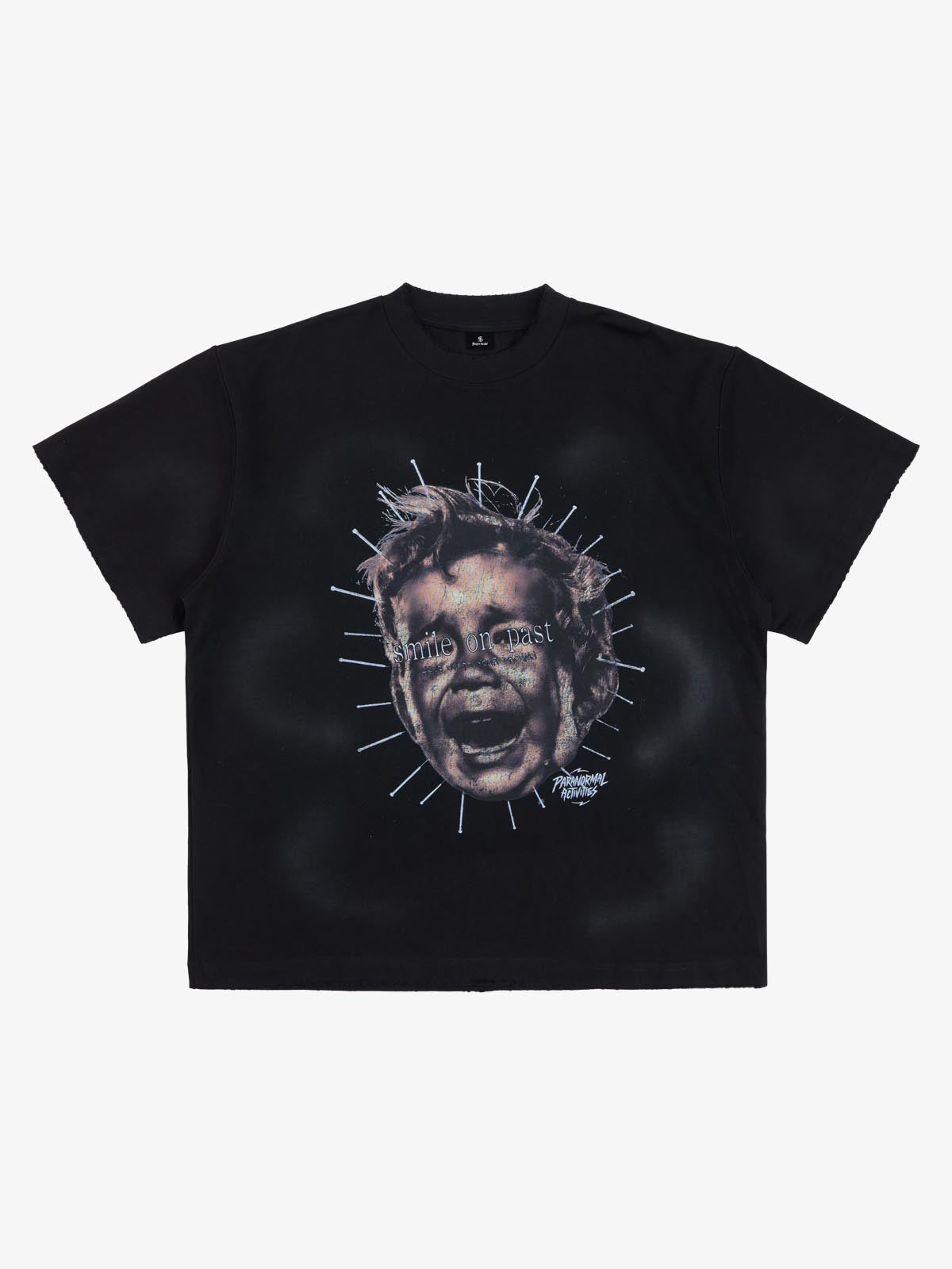 Street Retro Fun Portrait Print T-shirt - 2598 - Black / M