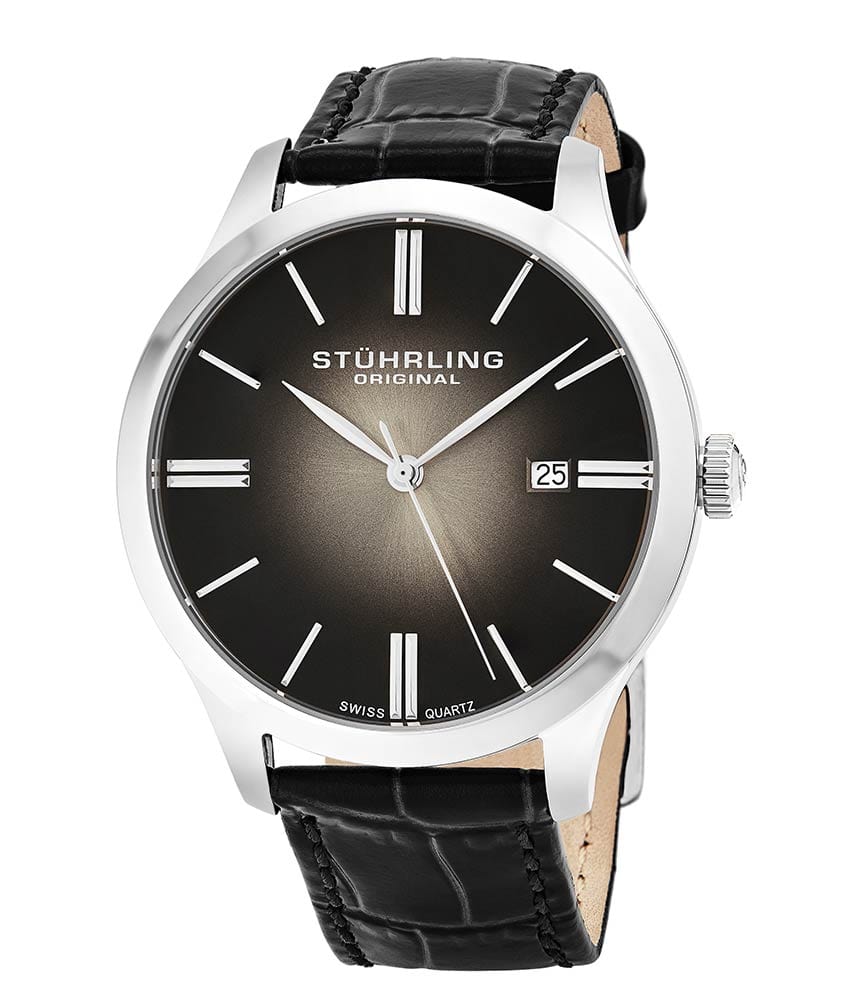 Stührling Cuvette II 490 Quartz 42mm Classic - Black Dial / Silver Case / Black Leather Strap Tang Buckle