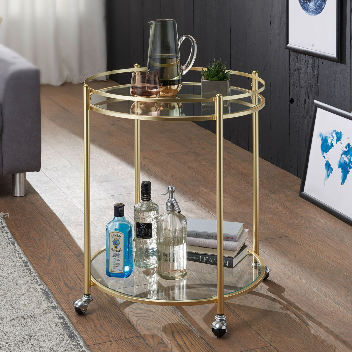 FineBuy Design Servierwagen Gold Ø 57 cm Beistelltisch, Teewagen Metall mit Rollen, Küchenwagen mit Glasplatten, Barwagen rund 75 cm hoch, Küchentroll