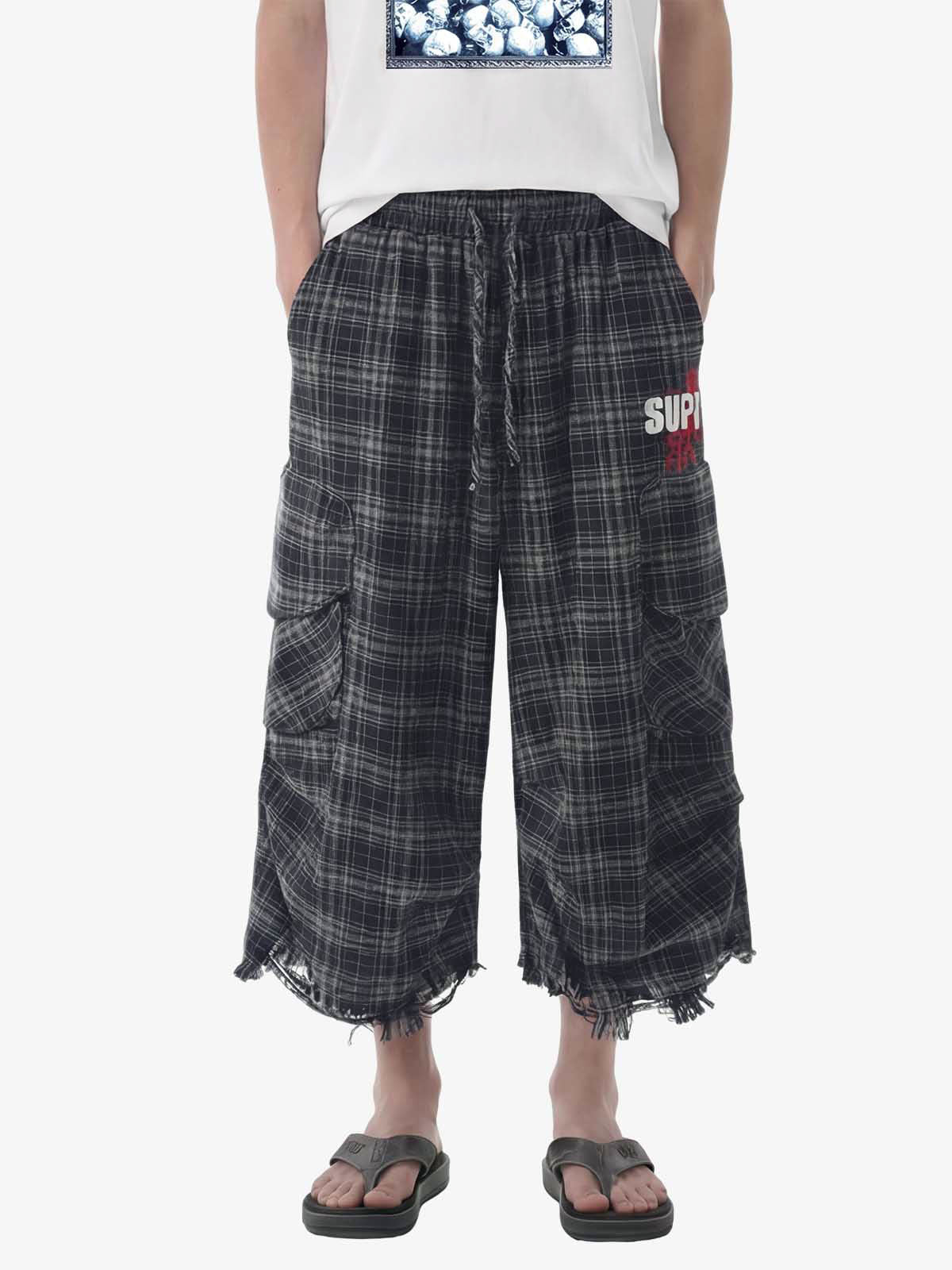 Plaid Linen-Blend Distressed Cargo Jorts - Denim Blue Plaid / S