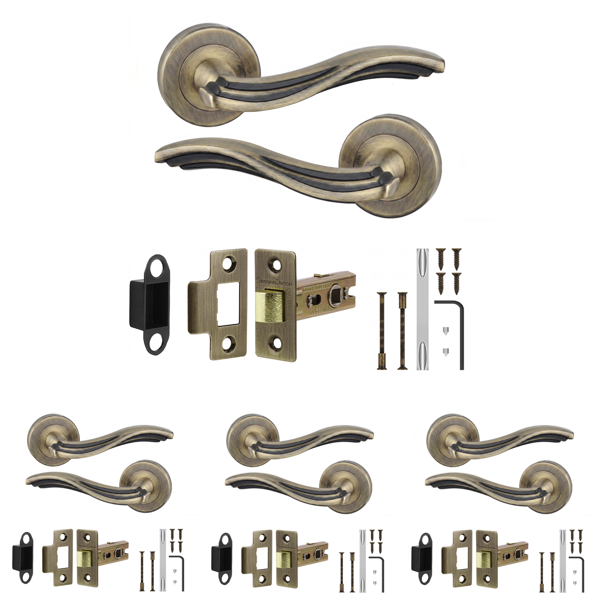 Solace Antique Brass Passage Door Lever Handles - Latch Kit 76mm - Pack of 4
