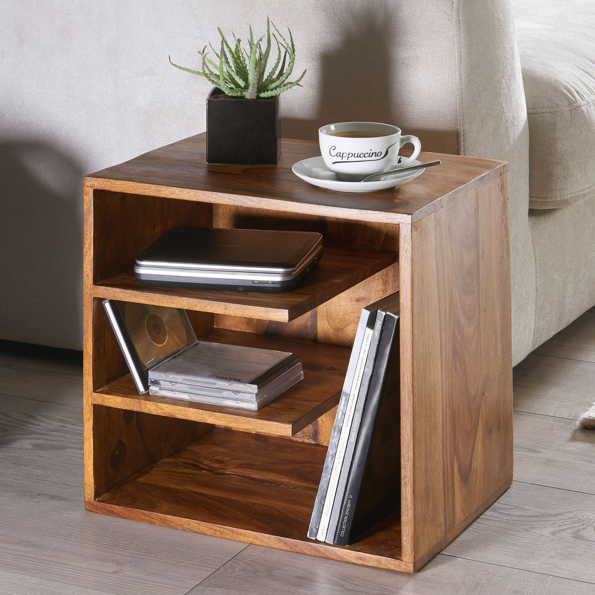 FineBuy Beistelltisch 43x43x30 cm Sheesham Massivholz Design Nachttisch, Kleiner Wohnzimmertisch mit Ablagen, Designer Holztisch massiv, Nachtkonsole