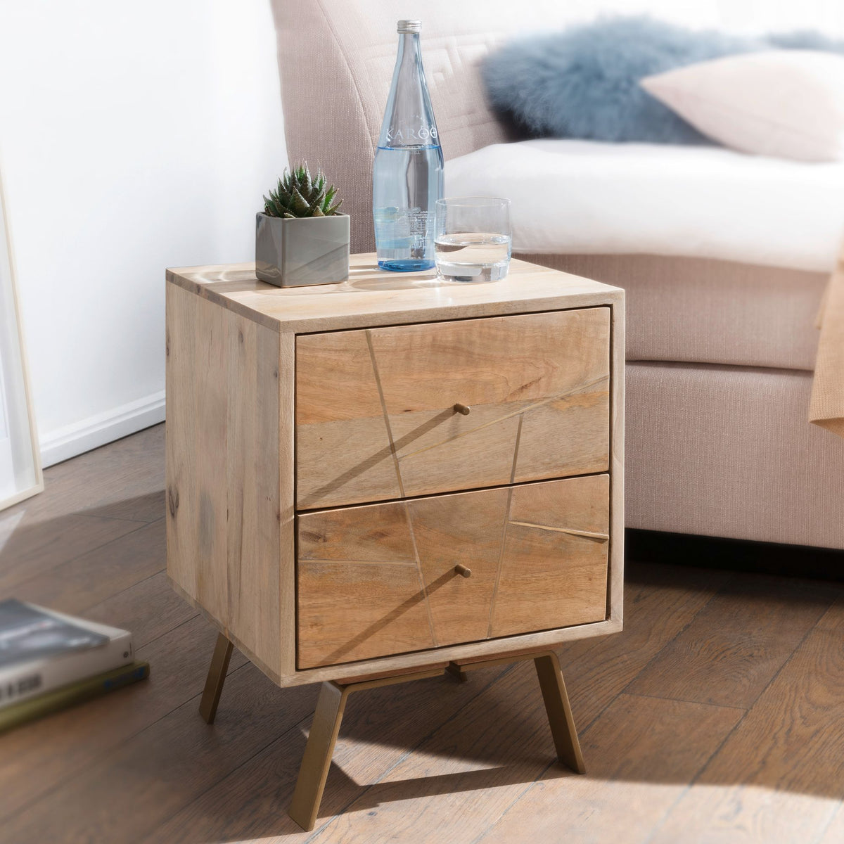 FineBuy Nachtkonsole aus Mango Massivholz mit 2 Schubladen – moderner Nachttisch für Boxspringbetten im Natur Design, Nachtkästchen handgefertigt 40x5
