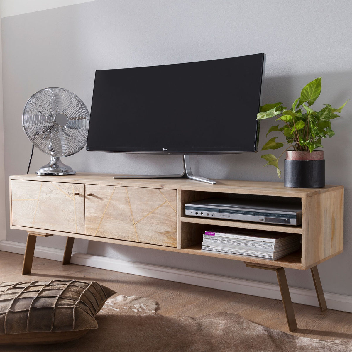 FineBuy HiFi Lowboard SIKAR Mango Massivholz TV Kommode 145x47x35 cm, Fernsehschrank mit 2 Türen, Fernsehtisch Ablagefach, Fernsehkommode TV Möbel, TV